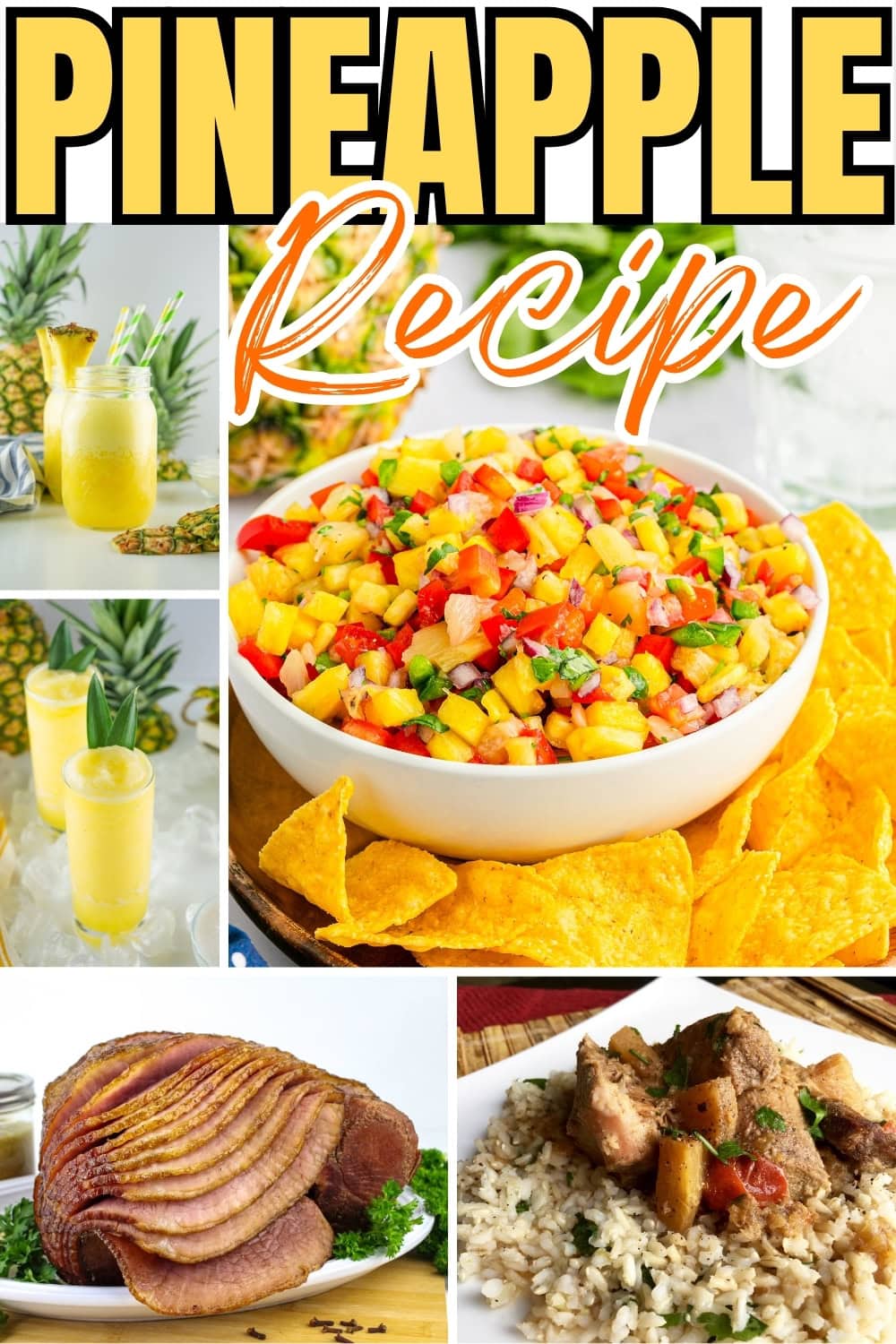 Pineapple drinks, salsa, sliced ham, and a chicken rice dish.