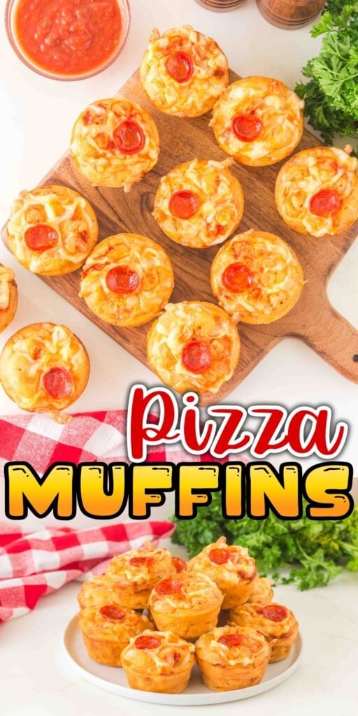 Mini pizza muffins with pepperoni on a wooden board and plate, sauce on the side.