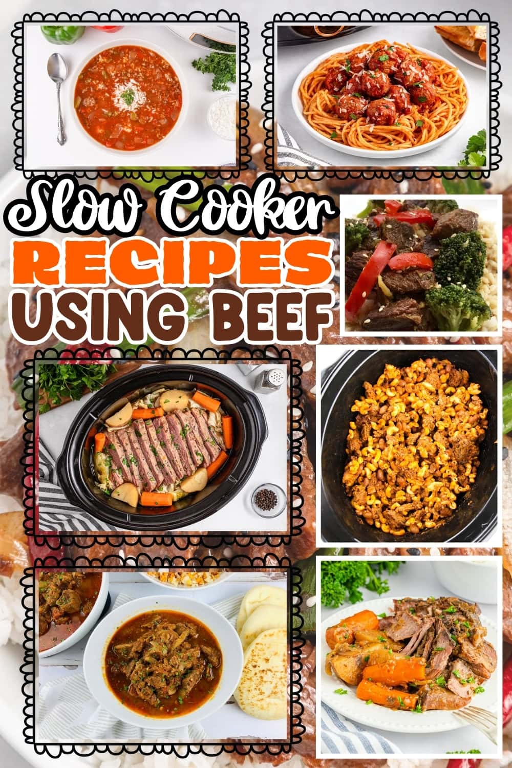 Slow cooker beef dishes, including soups, stews, and pasta.