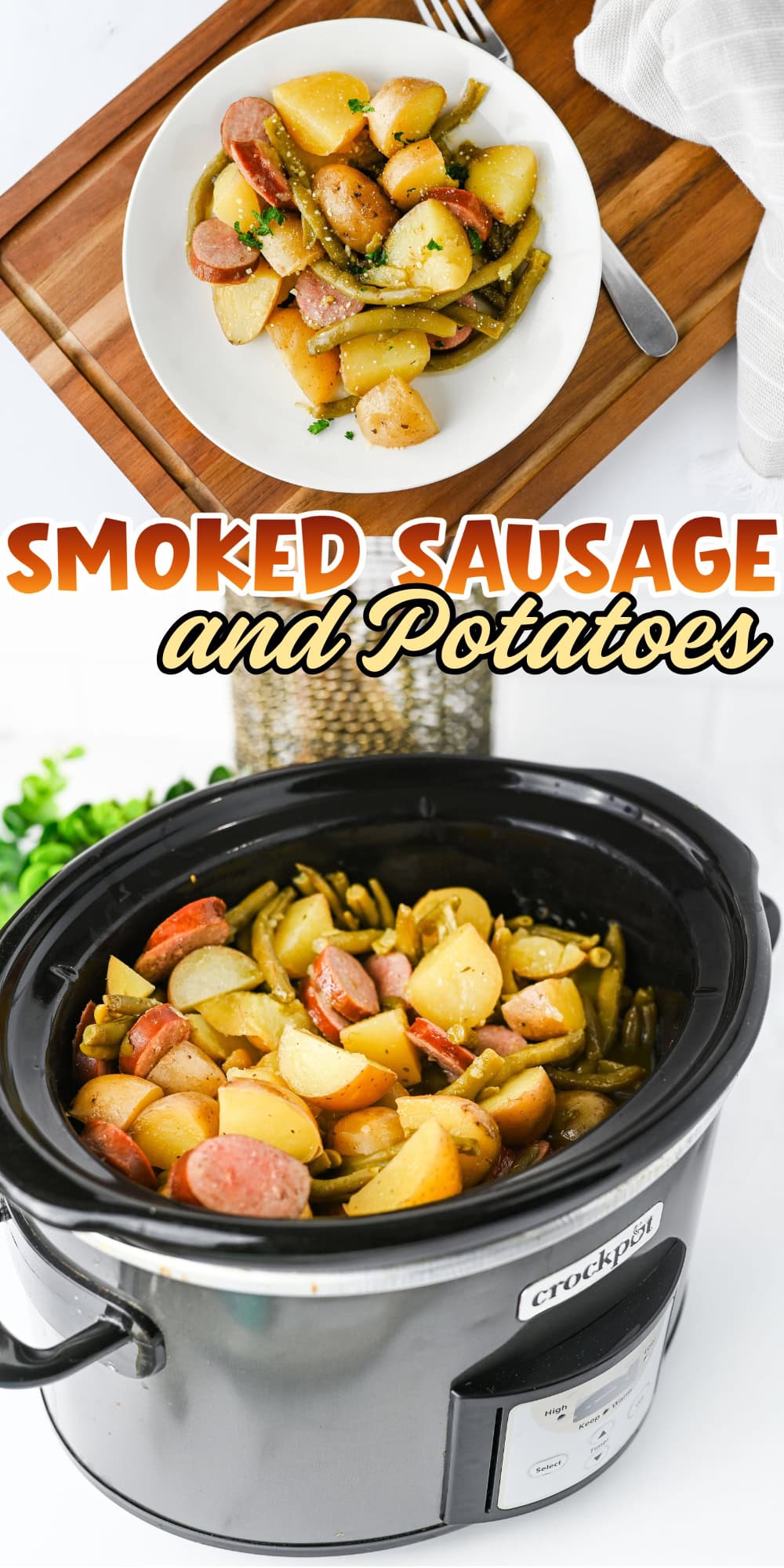 Plate and crockpot filled with smoked sausage, potatoes, and green beans.