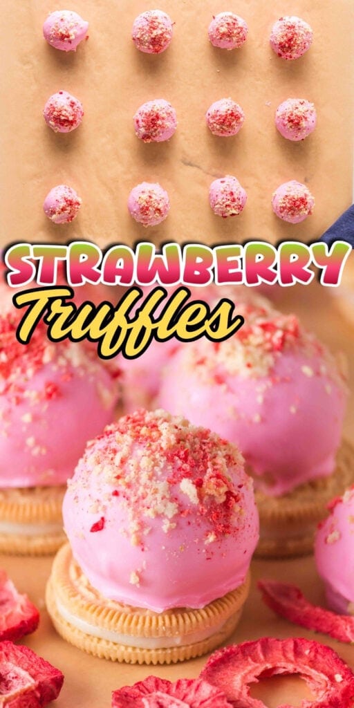 Pink strawberry truffles on cookies, topped with crushed strawberry pieces.