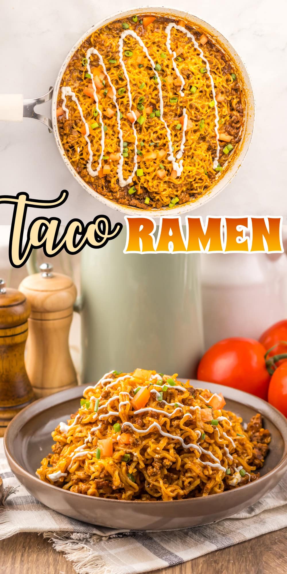 A bowl and a pan of taco ramen topped with diced tomatoes and drizzled sauce.