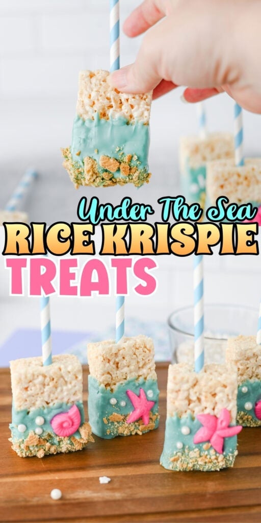 Rice Krispie treats dipped in blue coating, decorated with ocean-themed candies.