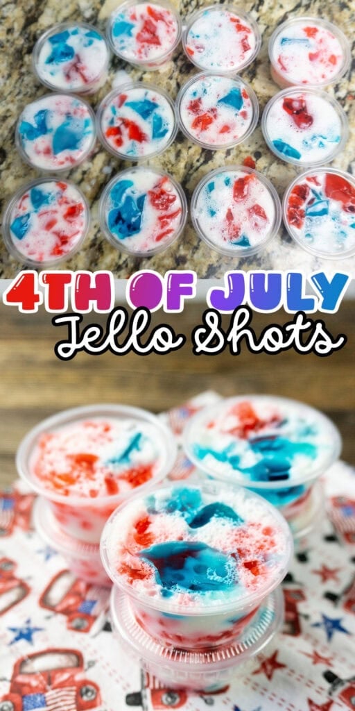 Red, white, and blue Jello shots in small cups for Fourth of July celebrations.