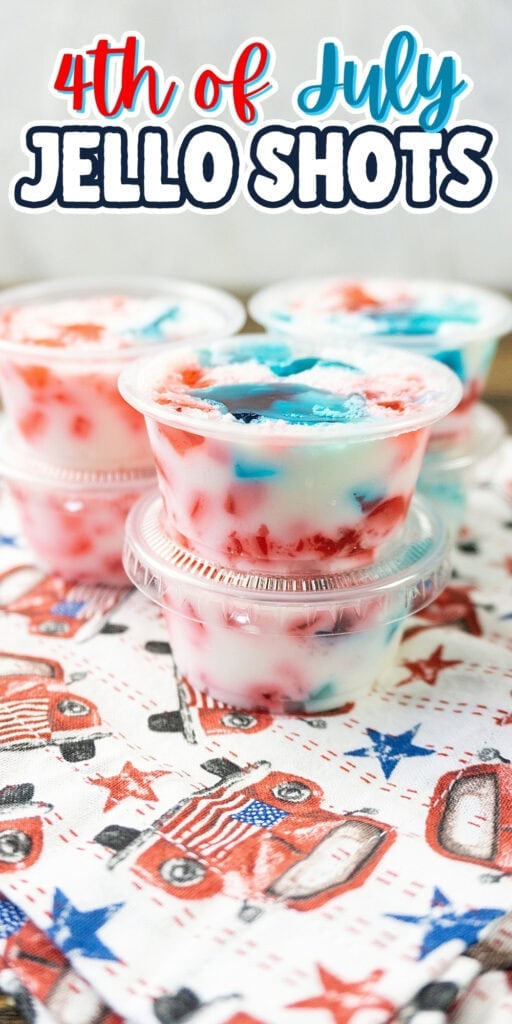 Three red, white, and blue Jello shots stacked on a patriotic-themed napkin.