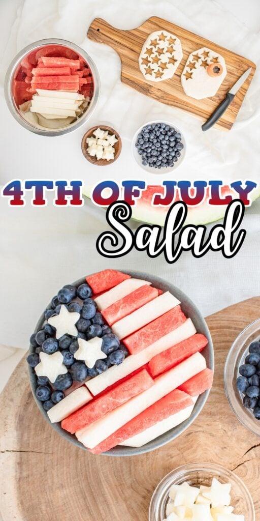 Bowl of fruit salad arranged as a U.S. flag with star-shaped melon pieces.