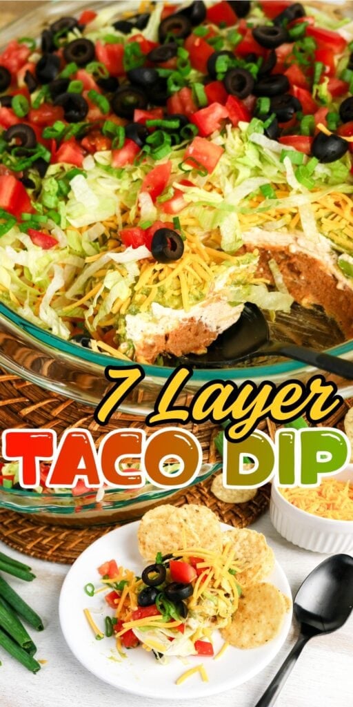 A glass dish and plate of 7 layer taco dip topped with lettuce, tomato, and olives.