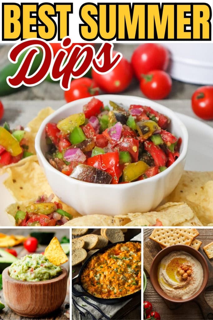 Colorful summer dips with chips, crackers, and fresh vegetables.