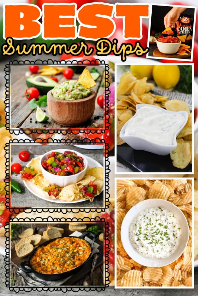 Five colorful summer dips with chips and fresh ingredients.