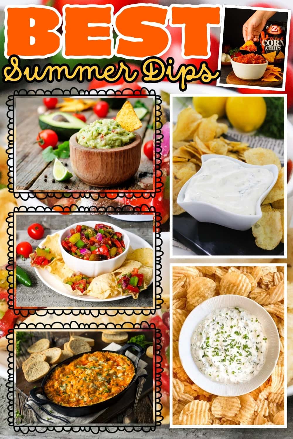 Five colorful summer dips with chips and fresh ingredients.