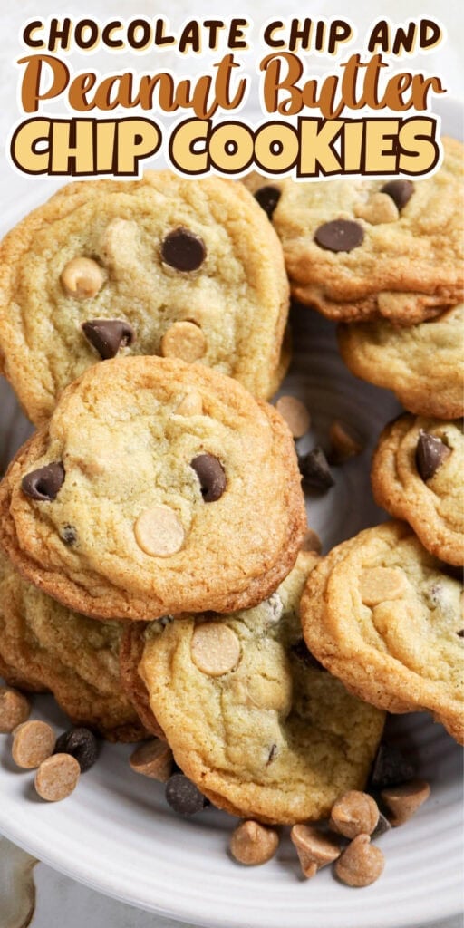 A plate of chocolate chip and peanut butter chip cookies with chips scattered around.