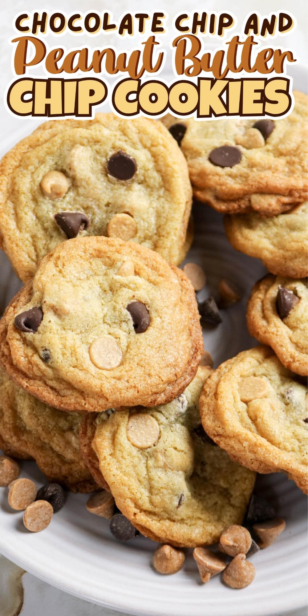 A plate of chocolate chip and peanut butter chip cookies with chips scattered around.