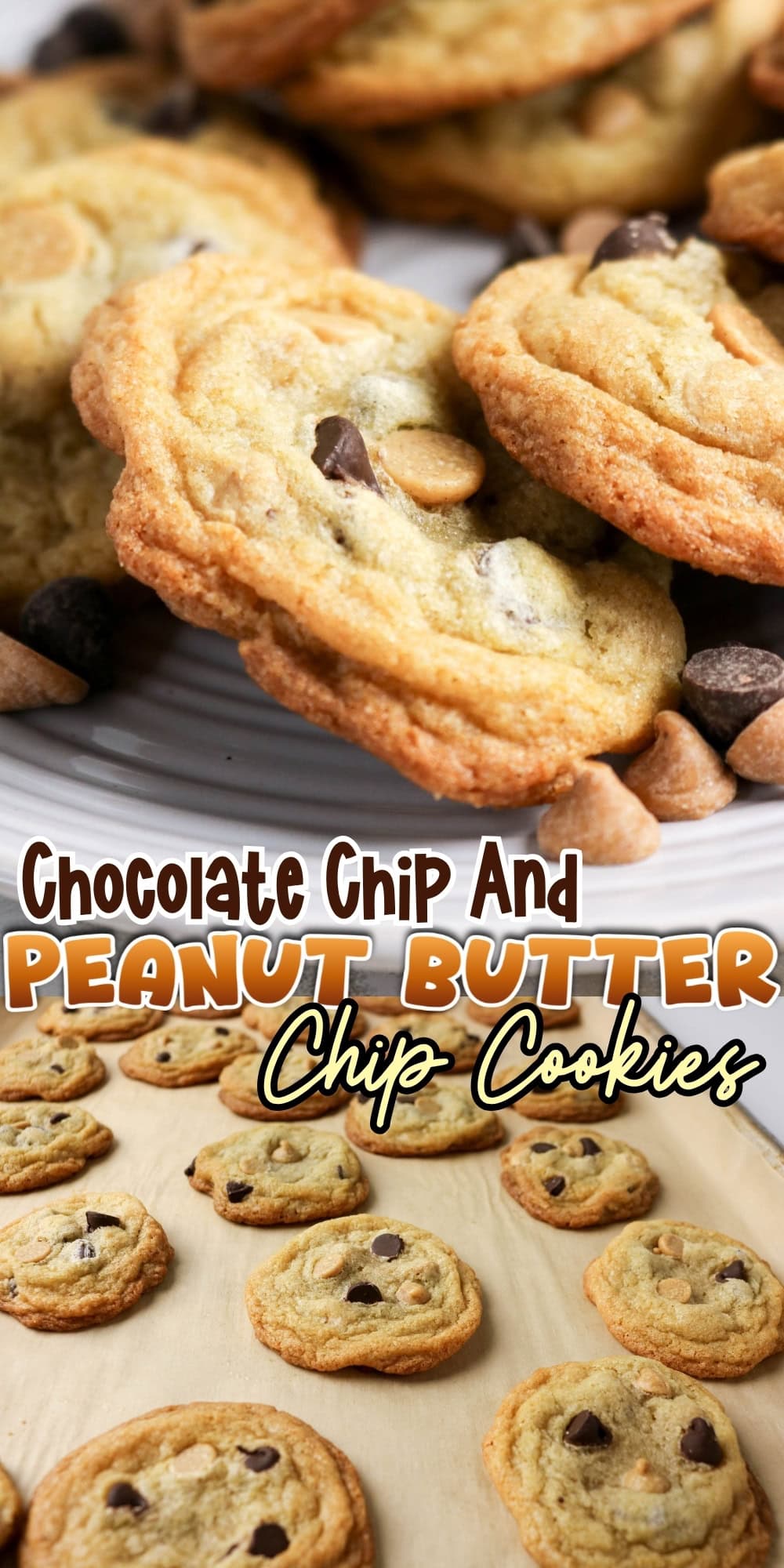 Chocolate chip and peanut butter chip cookies on a plate and a baking sheet.