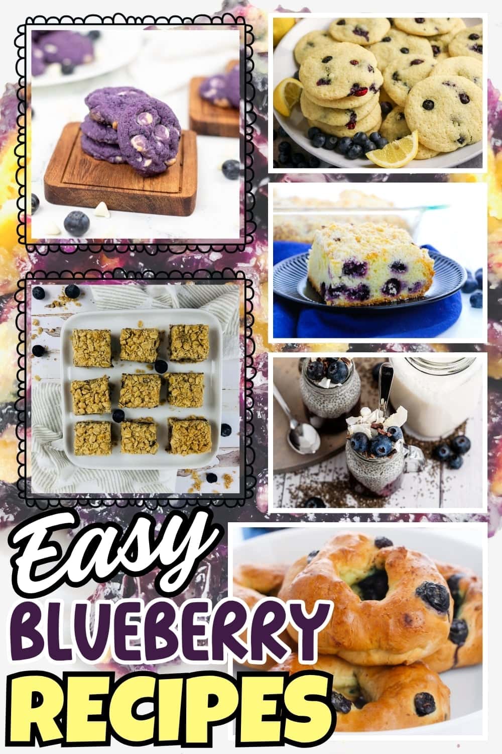 Various blueberry desserts, including cookies, cake, bars, and bread.