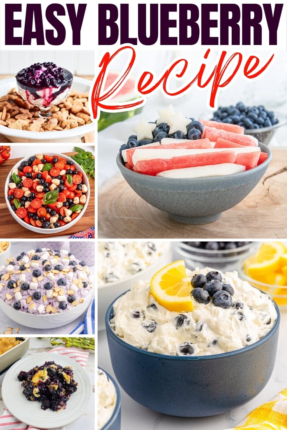Blueberry dishes, including salads, desserts, and fruit bowls.