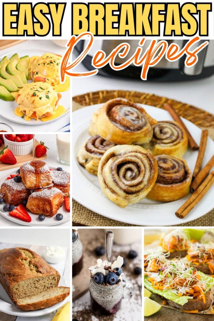 Various breakfast dishes, including cinnamon rolls and avocado toast.