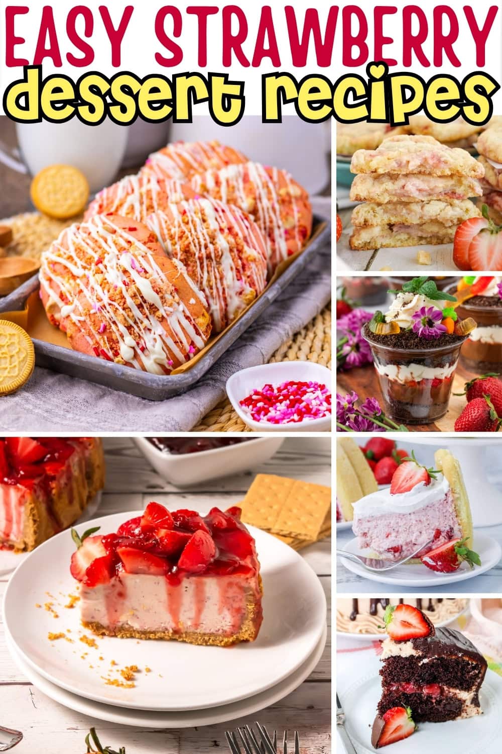 Various strawberry desserts, including cake, parfait, and cheesecake.