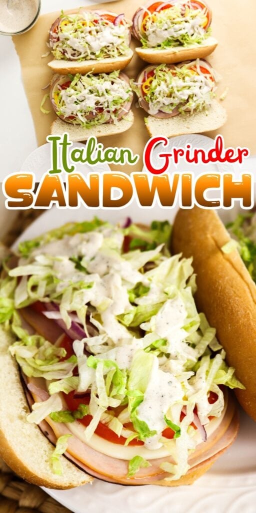 Four Italian grinder sandwiches with lettuce, tomato, meat, and creamy dressing.