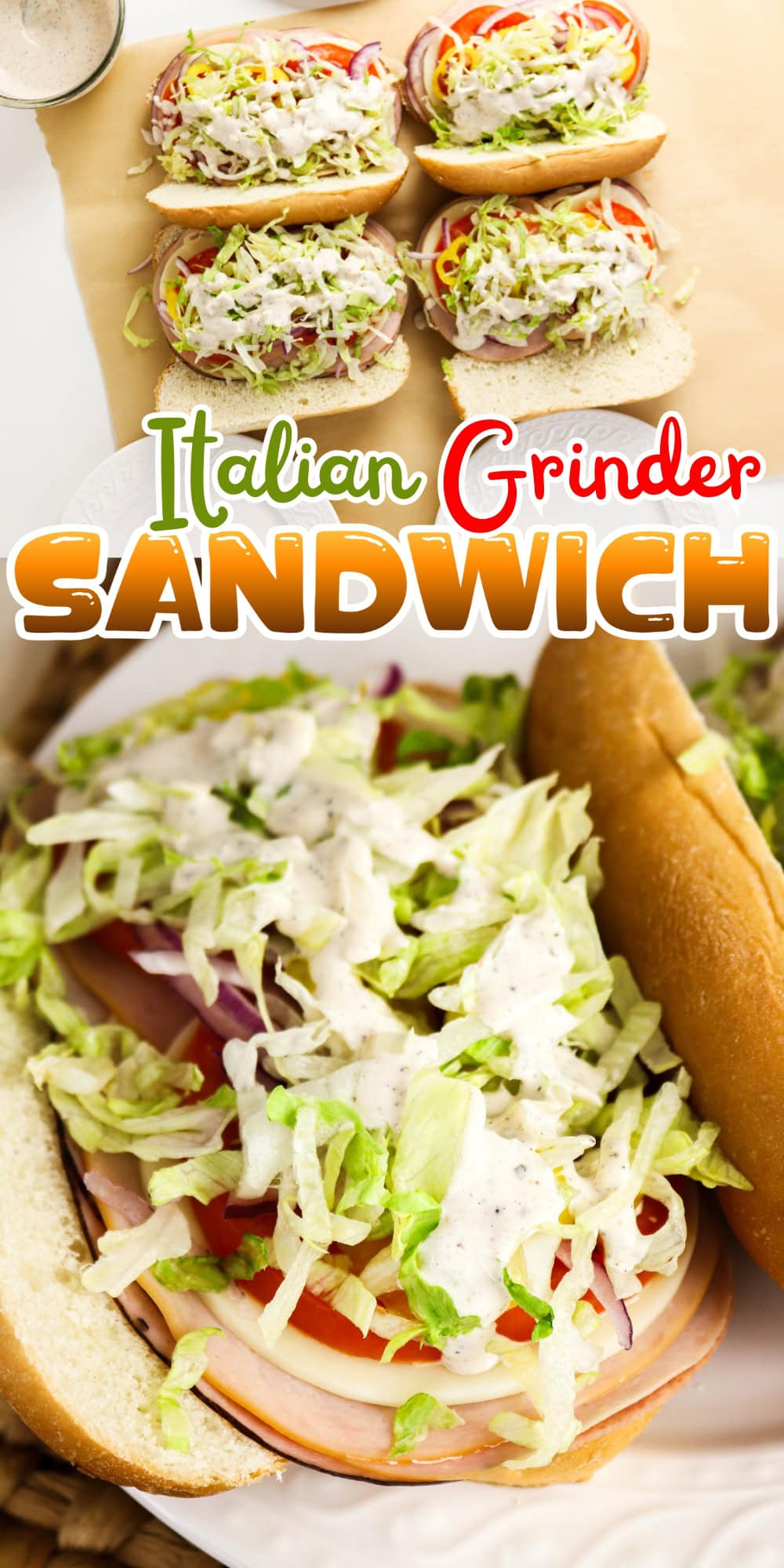 Four Italian grinder sandwiches with lettuce, tomato, meat, and creamy dressing.