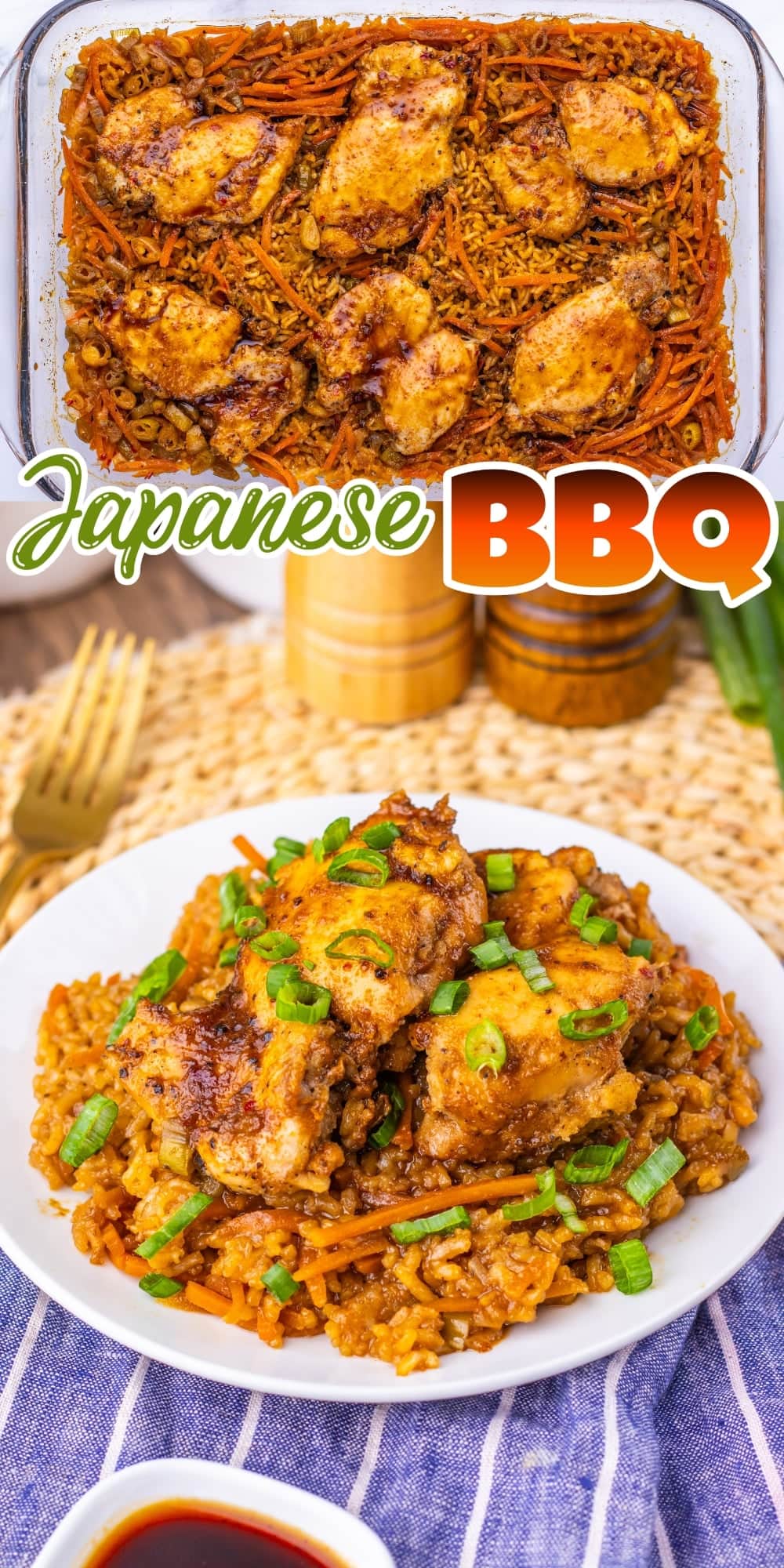 Baked chicken with rice and carrots, served on a plate and garnished with green onions.