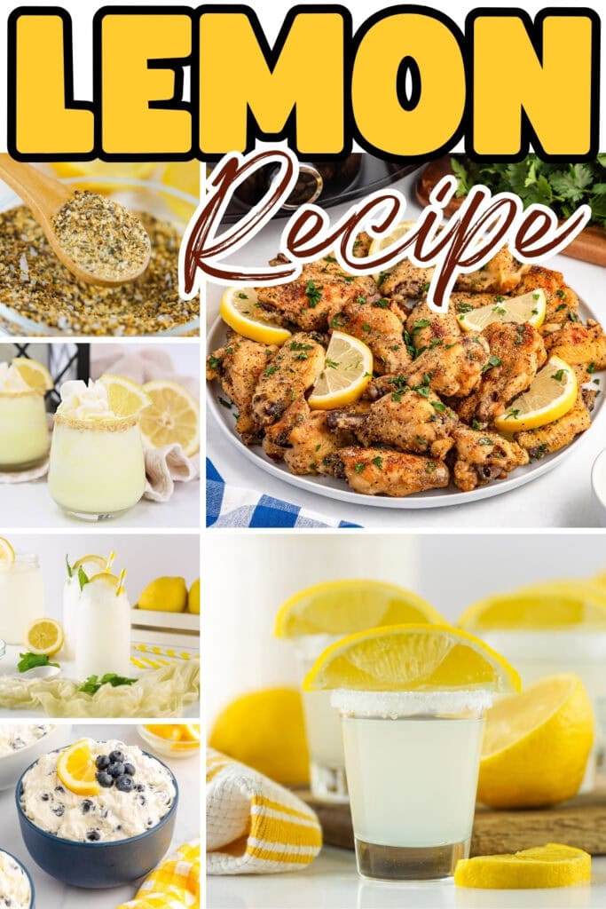 Lemon-themed dishes and drinks including chicken, cocktails, and desserts.