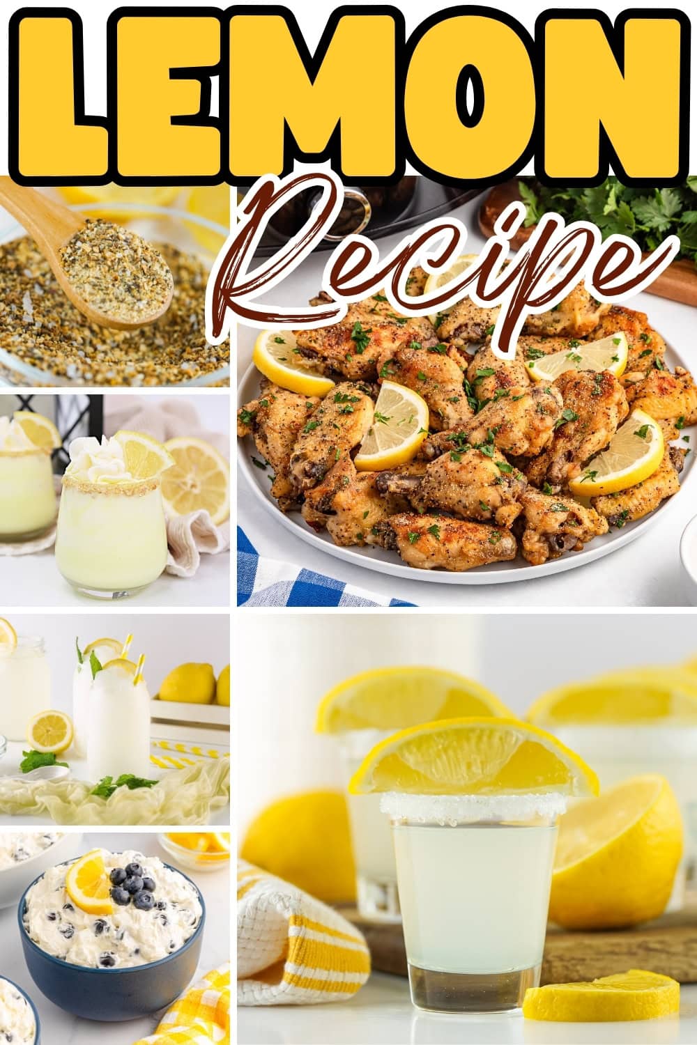 Lemon-themed dishes and drinks including chicken, cocktails, and desserts.