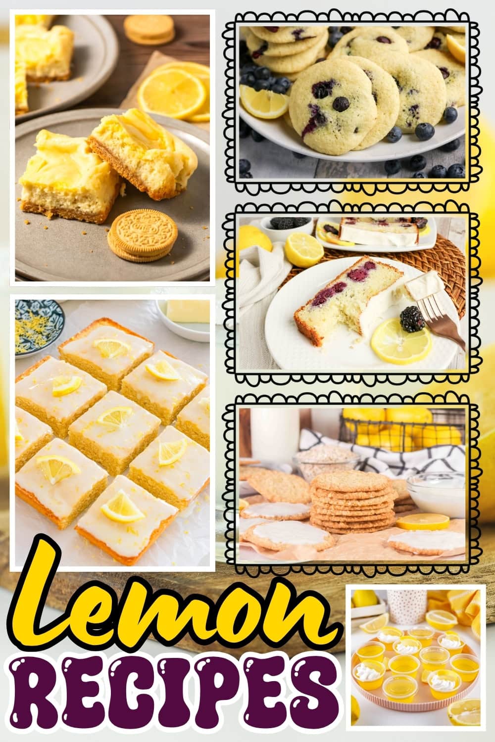 Lemon desserts, including bars, cookies, and bread, with lemon slices.