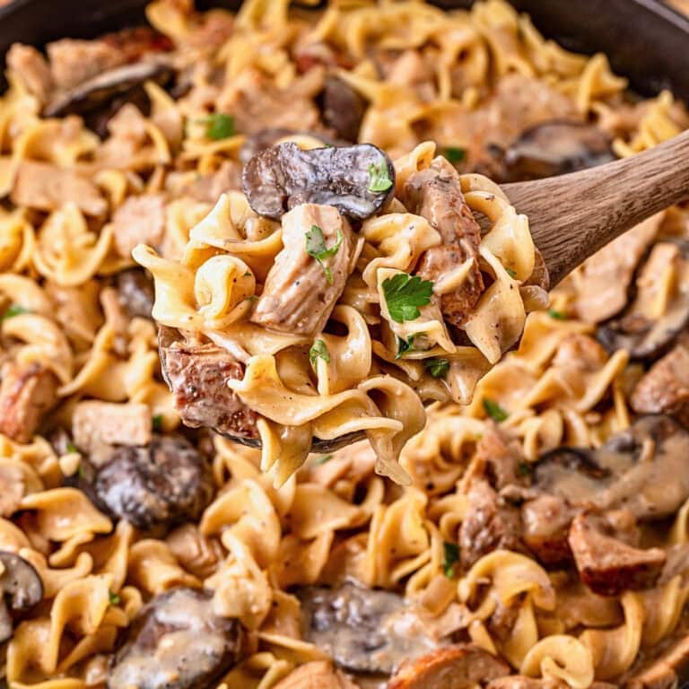 A wooden spoon holds creamy beef stroganoff with noodles and mushrooms.
