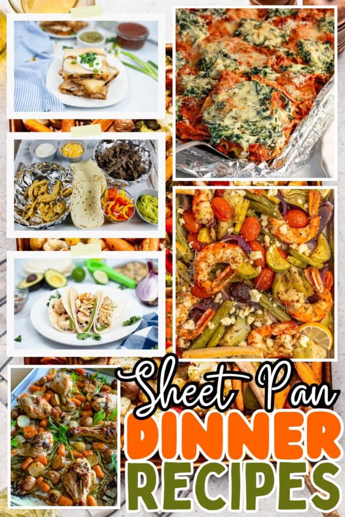Various colorful sheet pan dinner dishes.