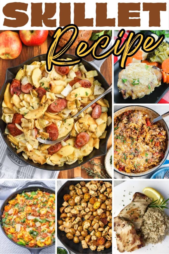 Various skillet dishes with meats, and vegetables.
