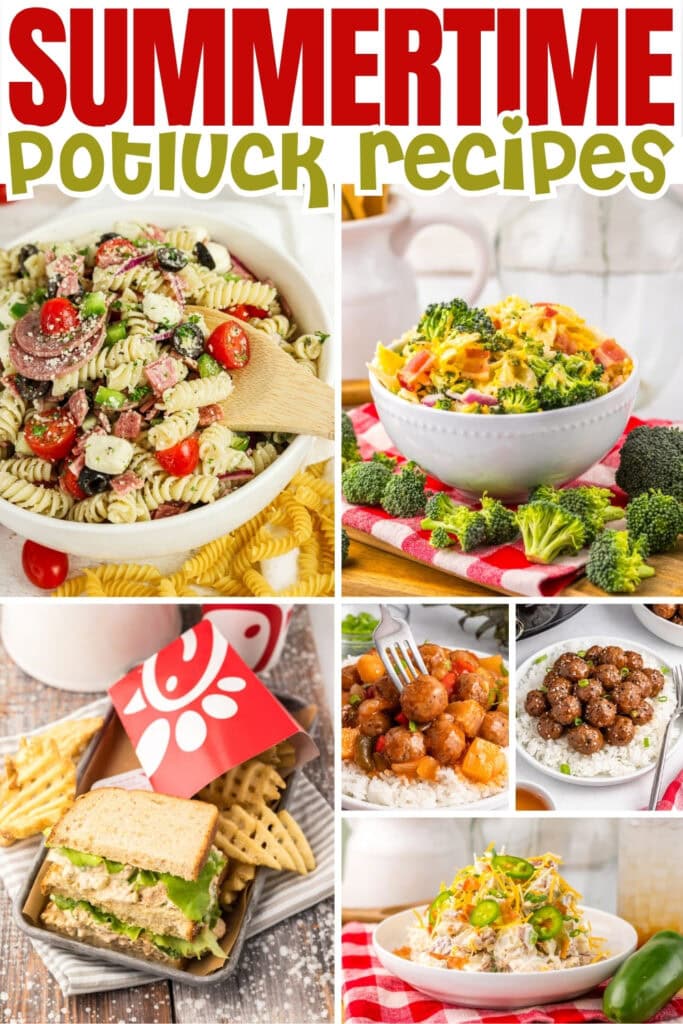 Summer potluck dishes, including pasta, salad, chicken, and meatballs.