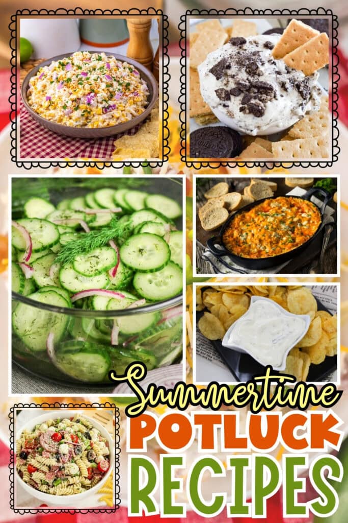 Five summer potluck dishes, including dips, salad, and pasta salad.