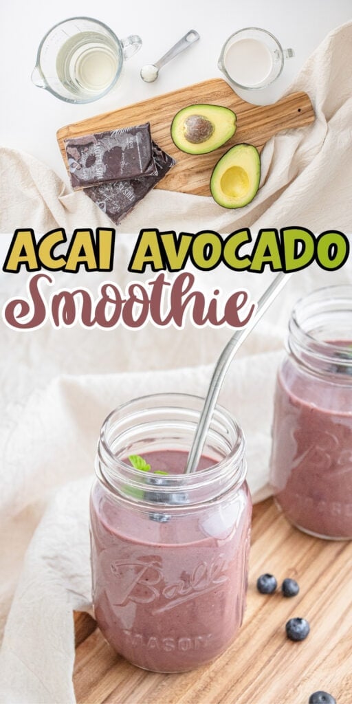 Acai avocado smoothie ingredients and two mason jars with smoothie.