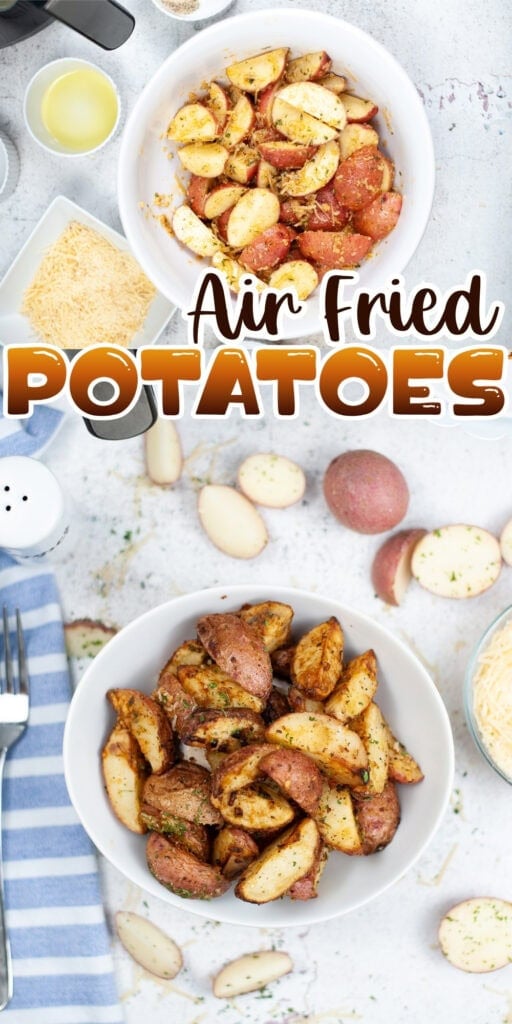 Two bowls of air fried potato wedges with seasonings and cheese on the side.