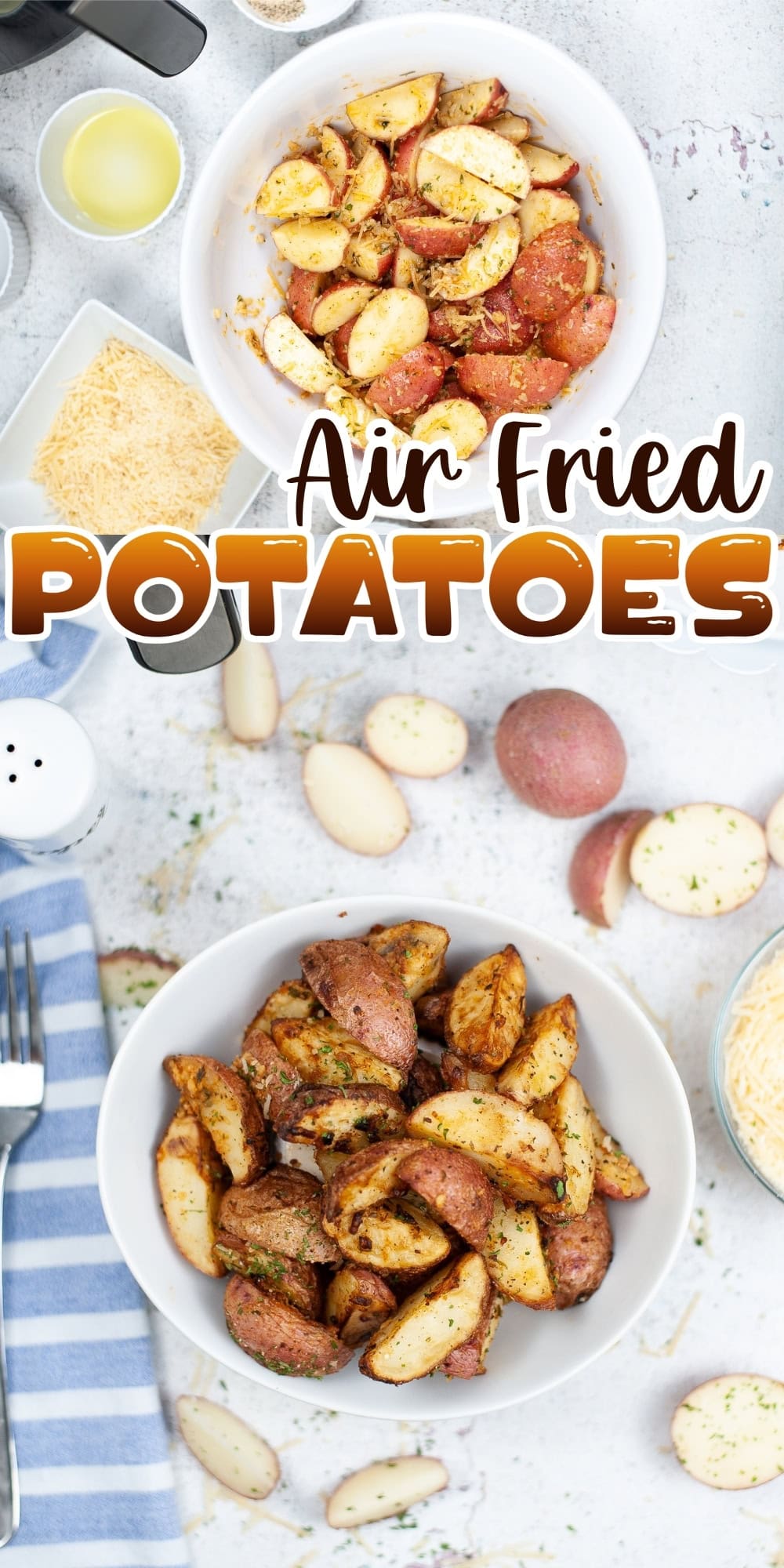 Two bowls of air fried potato wedges with seasonings and cheese on the side.