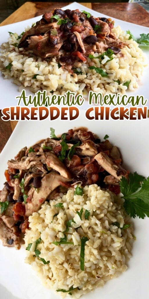Two plates of shredded chicken with black beans and rice, garnished with cilantro.