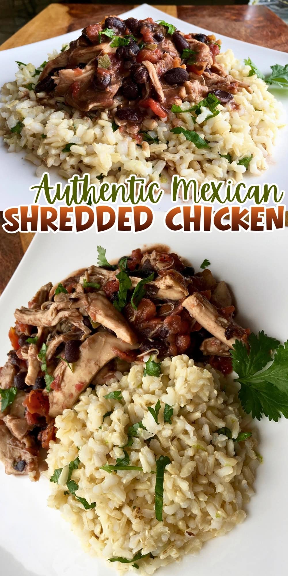 Two plates of shredded chicken with black beans and rice, garnished with cilantro.
