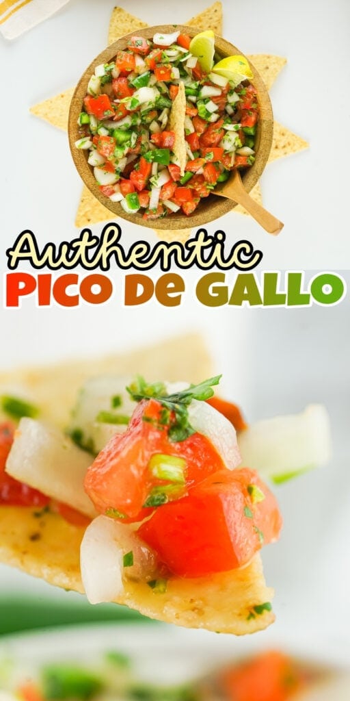 Wooden bowl of pico de gallo with tortilla chips.