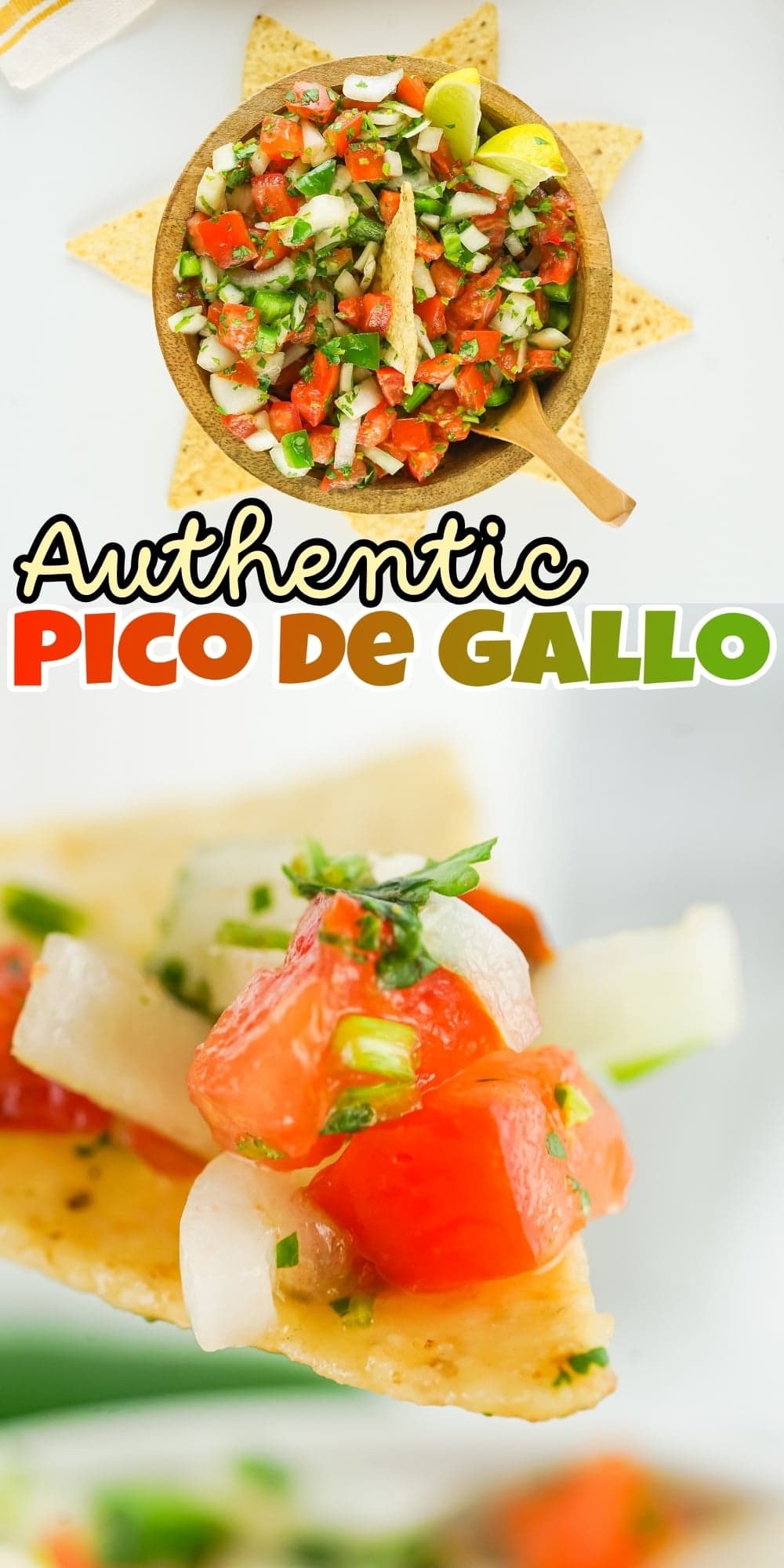 Wooden bowl of pico de gallo with tortilla chips.