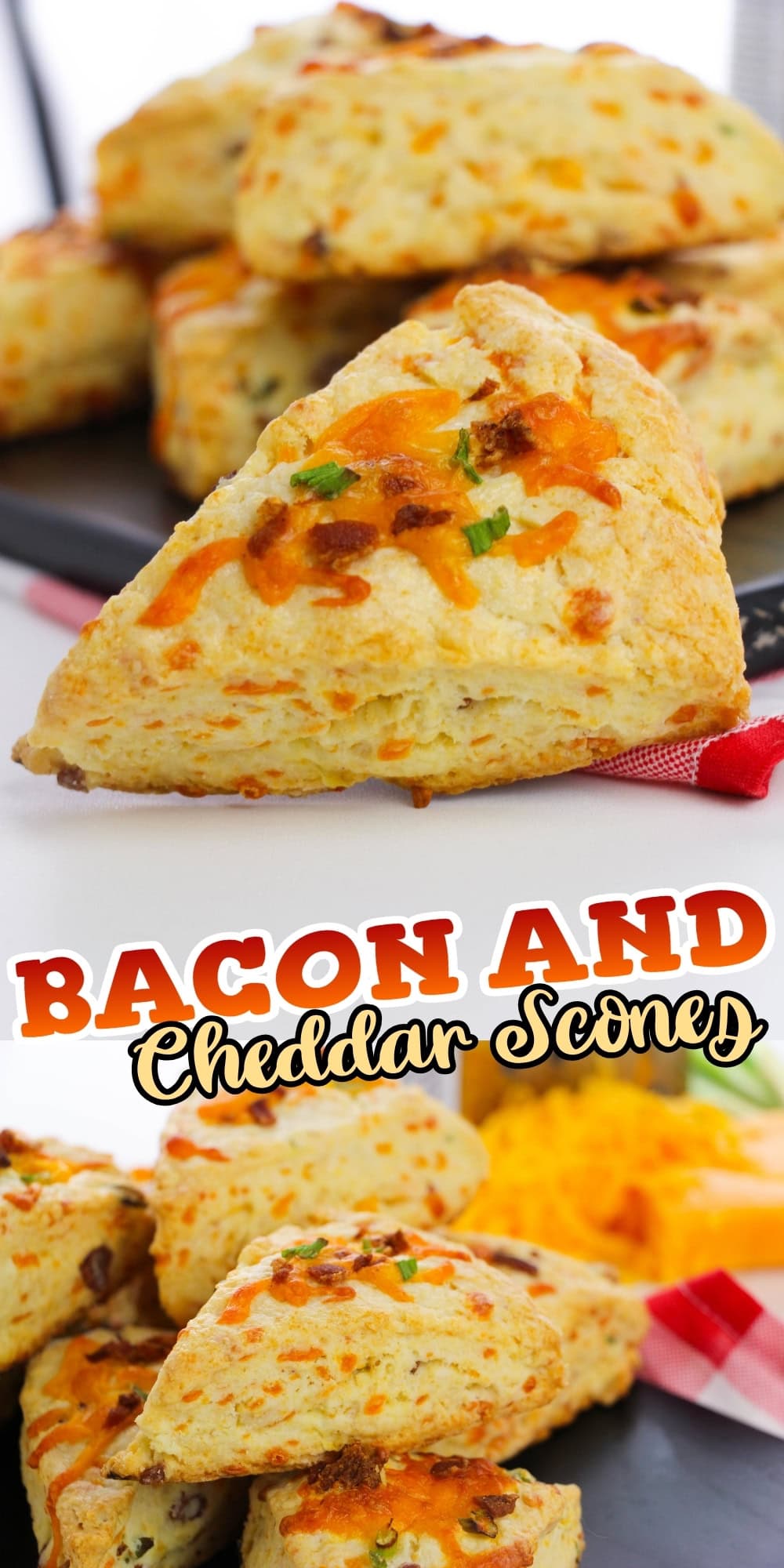 Bacon and cheddar scones stacked on a plate, topped with cheese and chives.