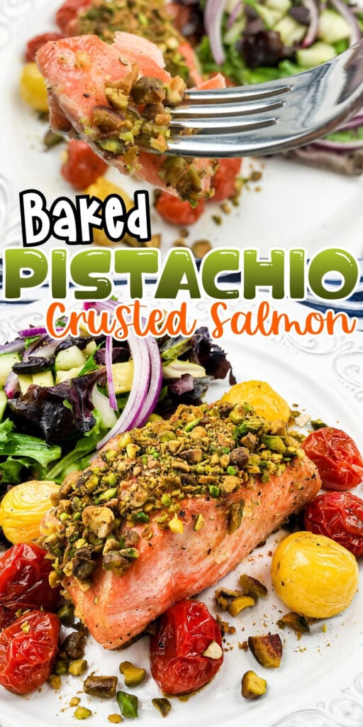 Baked pistachio-crusted salmon with tomatoes and salad on a white plate.