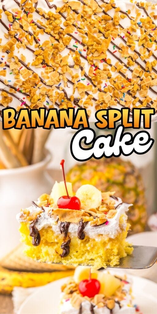 A slice of banana split cake topped with whipped cream, nuts, and a cherry.