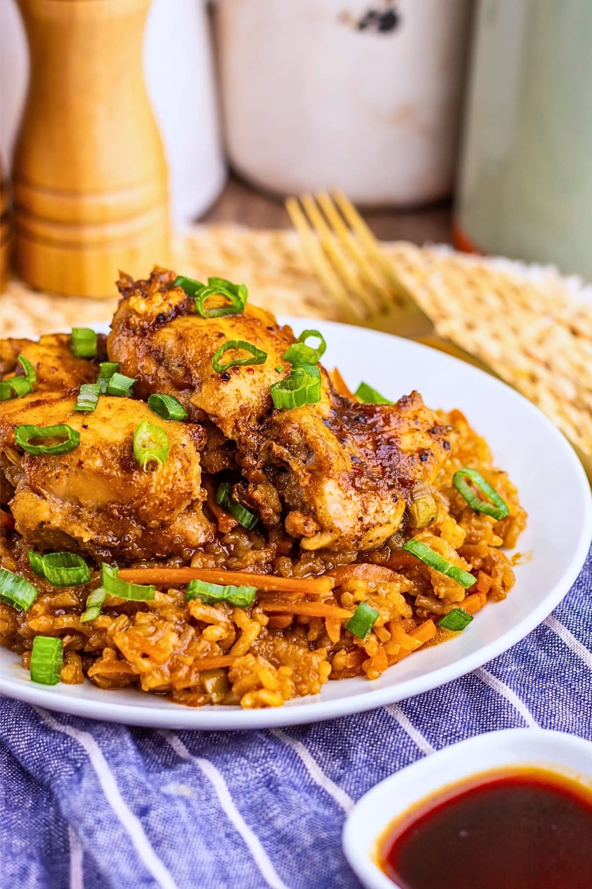 A plate of seasoned chicken over fried rice, garnished with chopped green onions.