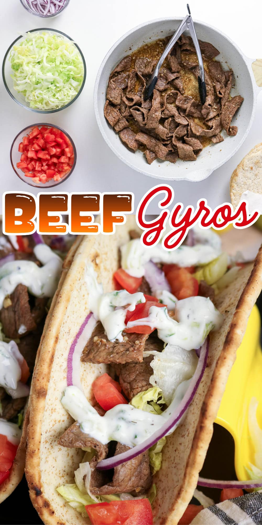 Beef gyros with lettuce, tomato, onion, and sauce on pita bread with toppings.