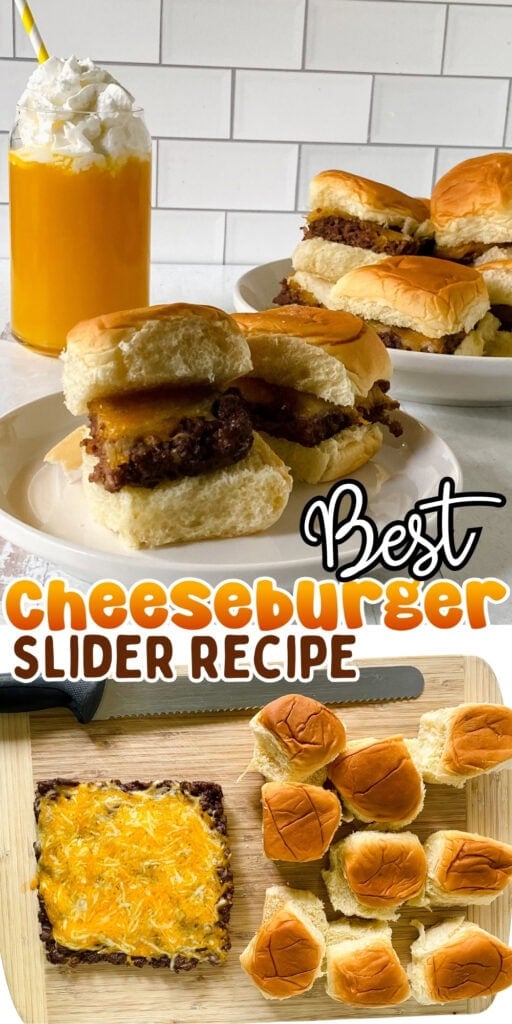 Cheeseburger sliders on buns, served with a drink and topped with melted cheese.