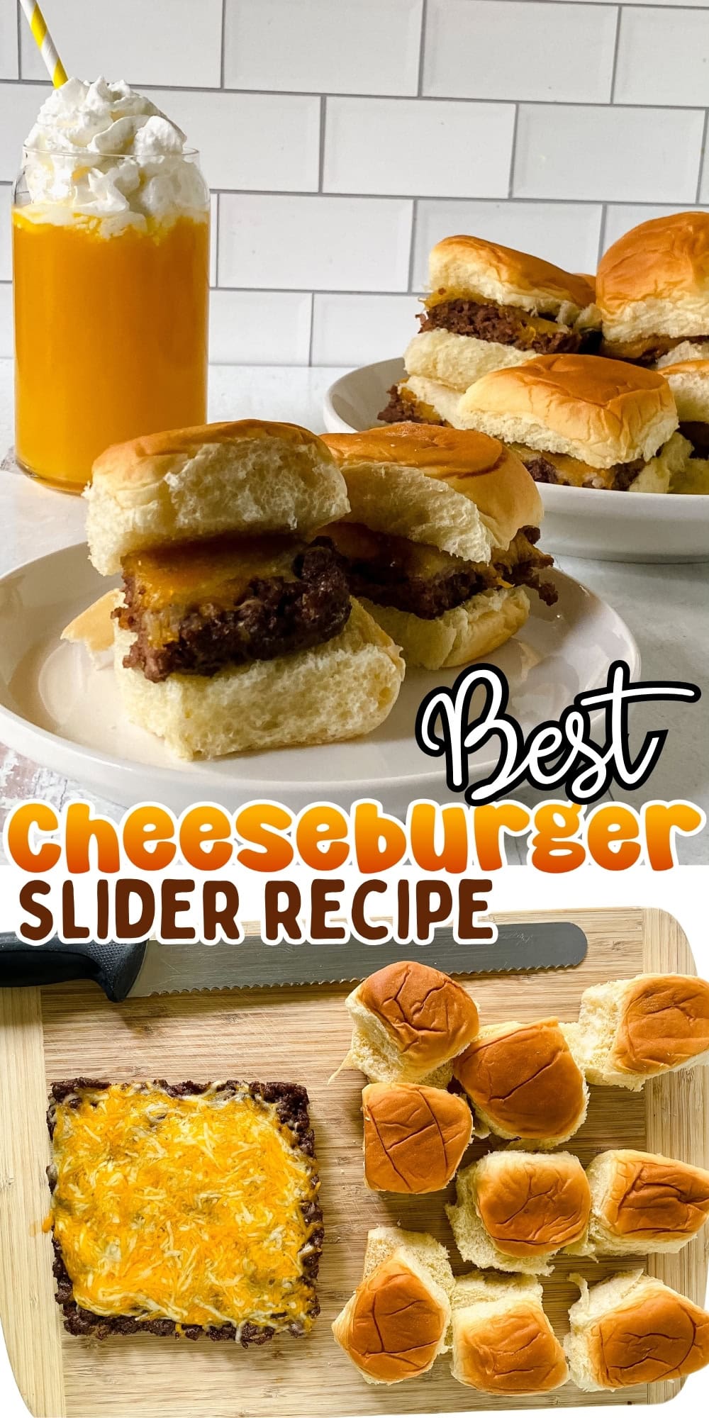 Cheeseburger sliders on buns, served with a drink and topped with melted cheese.