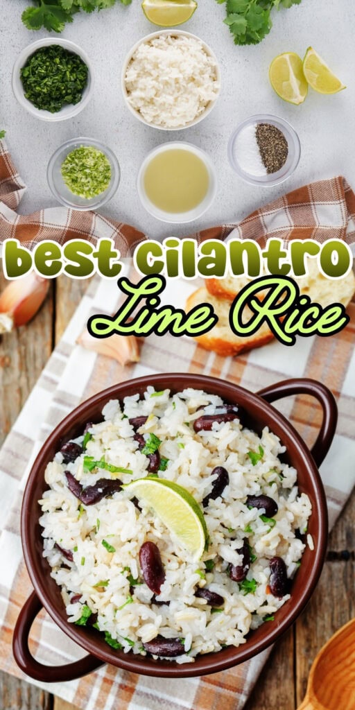 A bowl of cilantro lime rice with kidney beans, lime wedges, and fresh herbs.