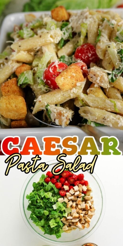 Pasta salad with lettuce, tomatoes, croutons, cheese, and Caesar dressing.