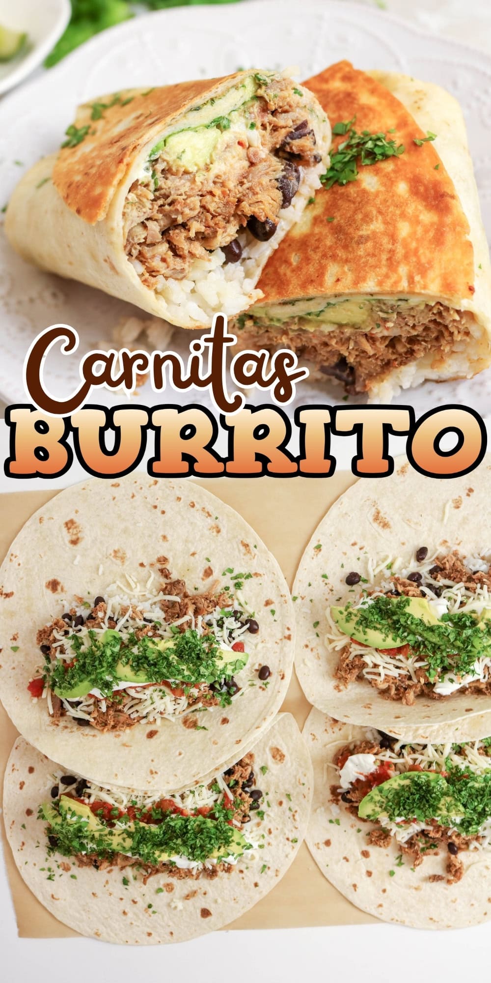Carnitas burrito cut in half and open tortillas filled with carnitas and toppings.