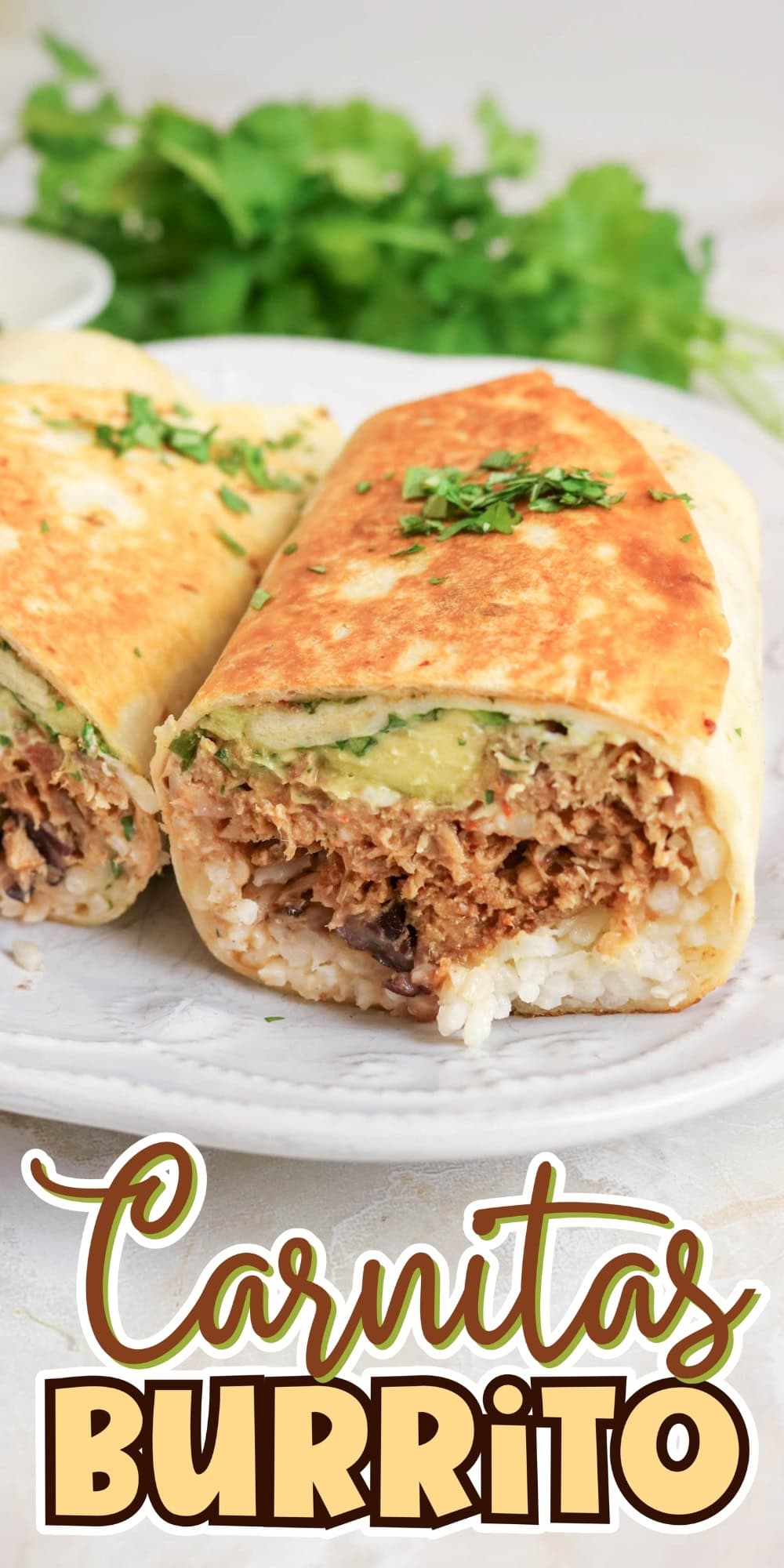 A sliced carnitas burrito with rice, beans, and guacamole on a plate.
